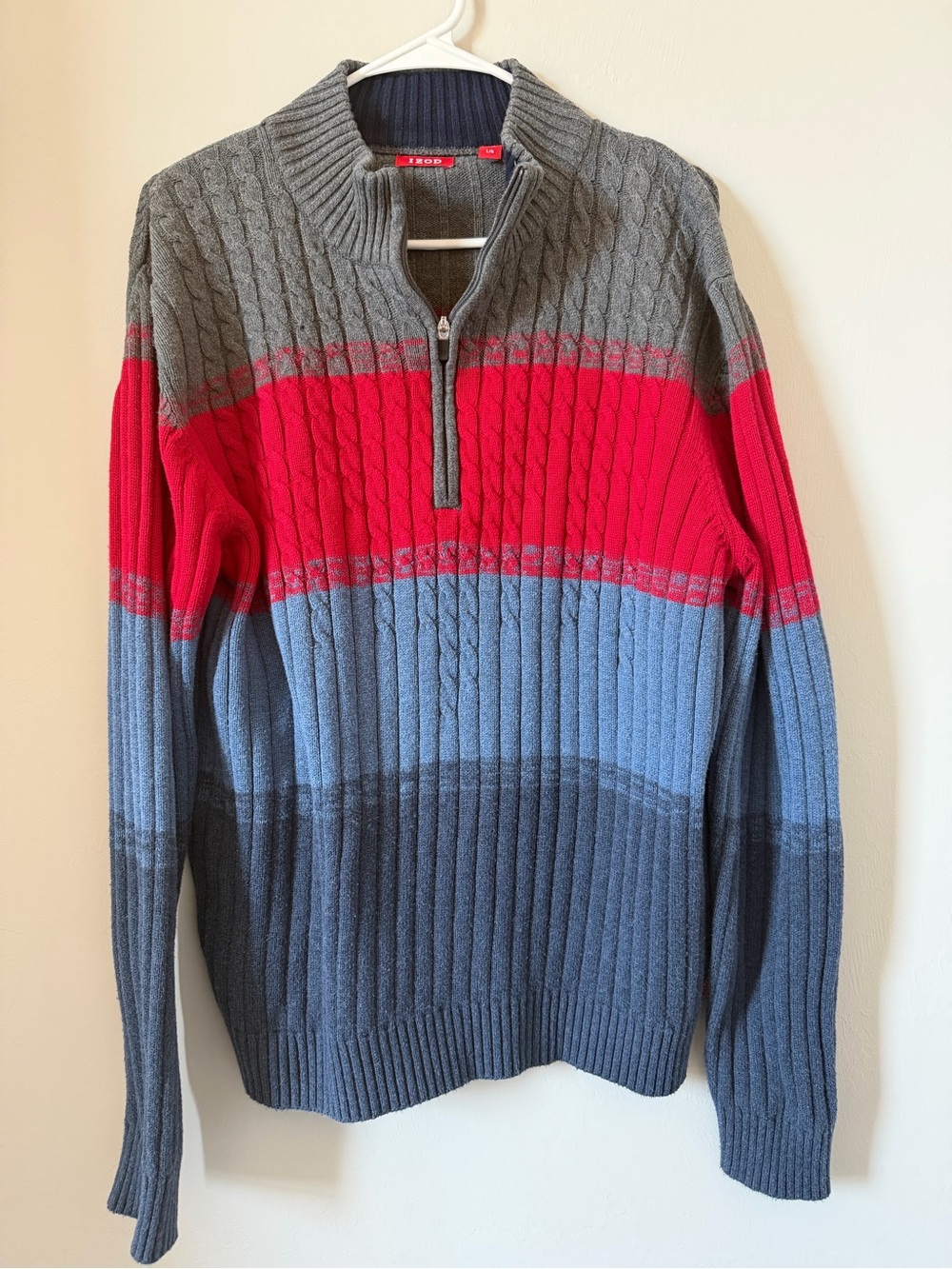 Izod Gray, Red & Blue Cable-Knit Half-Zip Sweater